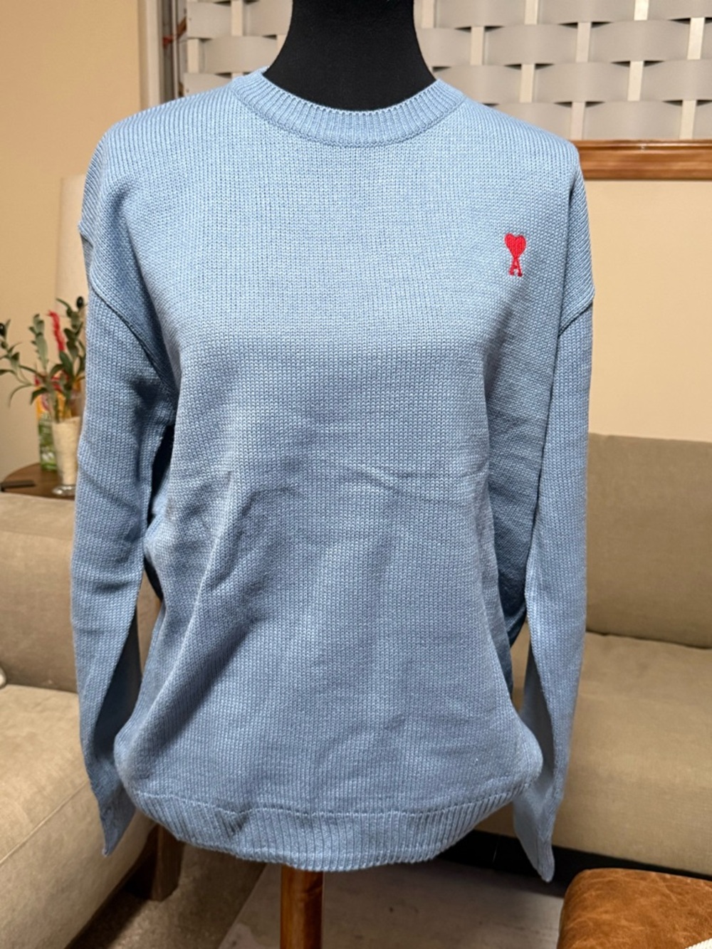 Blue Women's Knit Crewneck Sweater with Red Heart Detail